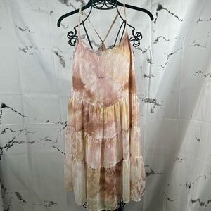 Umgee Tiered Swing Dress Racer Back Spaghetti Strap Swiss Dot Lined Tie Dye